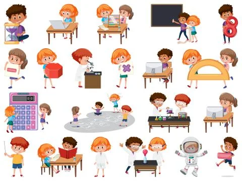 Set of children with education objects isolated Illustrazione stock