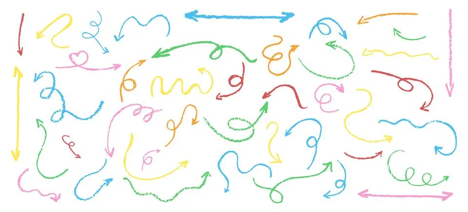Set of children hand drawn crayon arrows. Collection of abstract color pastel イラスト素材