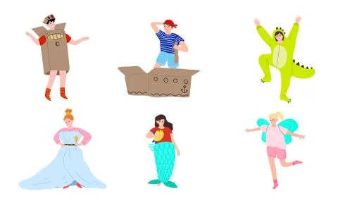 Set of children performing in different handmade costumes on stage Stock Illustration