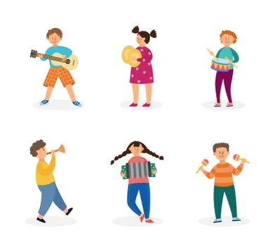 Set of children playing musical instruments flat vector illustration isolated. Stock Illustration