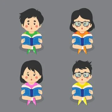 Set Of Children Reading A Book Stock Illustration