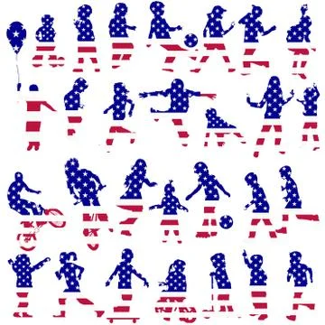 Set of children silhouettes patterned in USA flag Stock Illustration