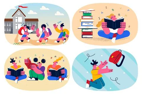Set of children study in school reading books Stock-Illustration