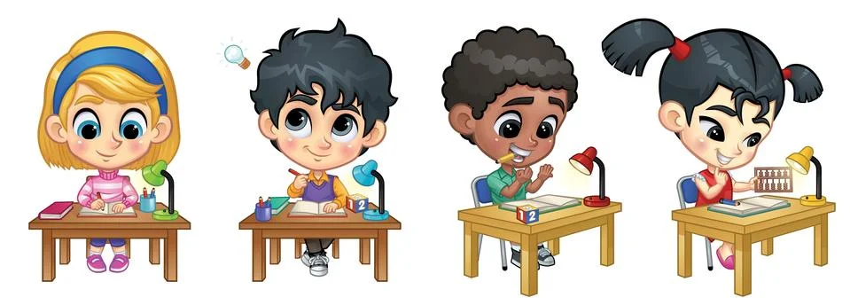 Set of Children Studying on Table Ilustración de archivo
