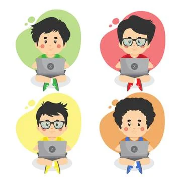 Set Of Children Using Computers Stock Illustration