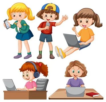Set of children using laptop 스톡 일러스트