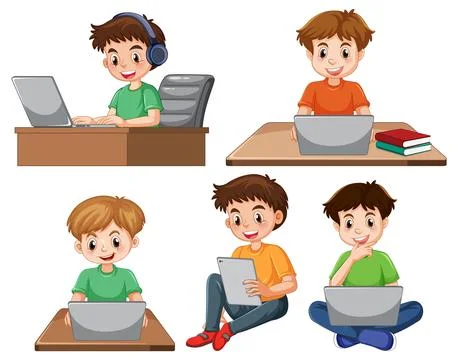 Set of children using laptop Stock Illustration