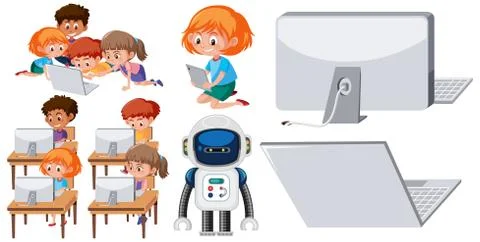 Set of children working on computer on white background Illustrazione stock