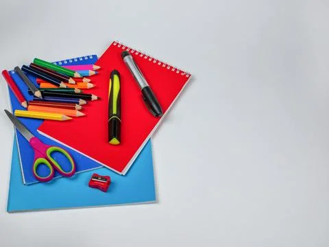 Set for children's creativity on a gray background. Colored wooden pencils Stock Photos