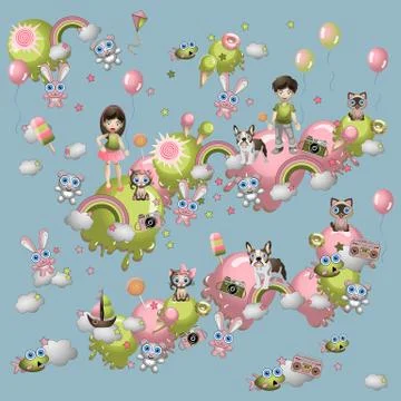 Set of children's elements in the style of the cartoon. Toys, pets, children Stock Illustration