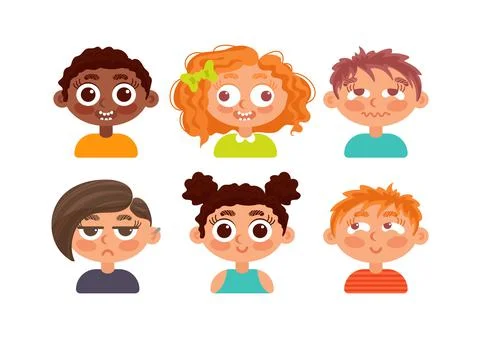 Set of childrens faces of different ethnicities. Positive negative emotions Stock Illustration