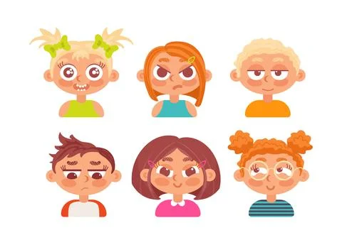 Set of childrens faces of different ethnicities. positive negative emotions イラスト素材