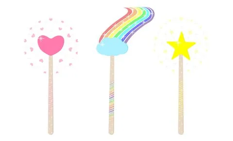 A set of children's magic wands. White background. Illustrazione stock