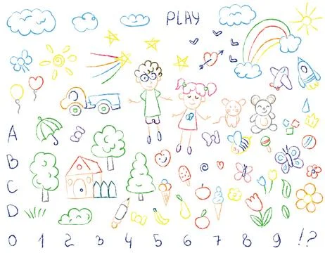 Set of children's scribbles, doodles with colored pencils. Children's drawi.. Stockillustratie