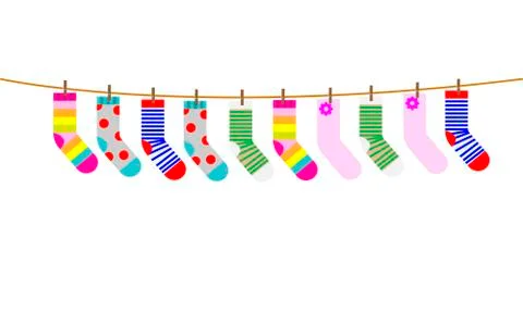 A set of children's socks are dried on a rope. Vector illustration. Stock Illustration