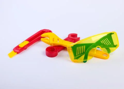 Set of children's toy work tools on a white background Stock Photos