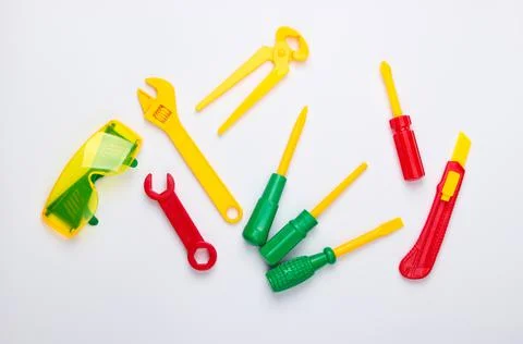 Set of children's toy work tools on a white background. Top view 库存照片