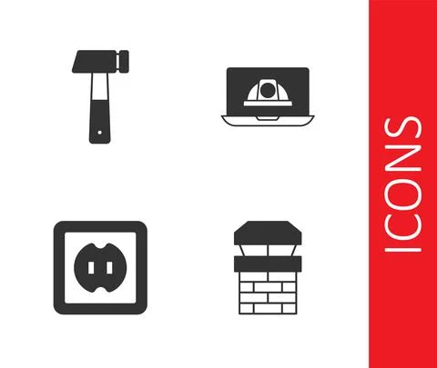 Set Chimney, Hammer, Electrical outlet and Worker safety helmet icon. Vector 스톡 일러스트