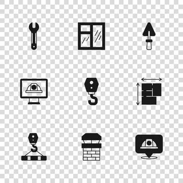 Set Chimney, House plan, Worker safety helmet, Crane hook, Trowel, Wrench s.. Stock Illustration
