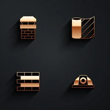 Set Chimney, Wallpaper, Bricks and Worker safety helmet icon with long shadow Illustrazione stock