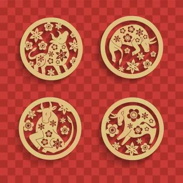 Set of Chinese characters zodiac elements, golden bulls in circle with flowers Stock Illustration