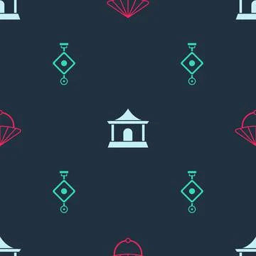 Set Chinese conical straw hat, house and paper lantern on seamless pattern Stock Illustration