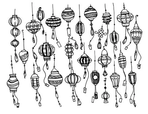 A set of Chinese lanterns, hand-drawn in sketch style. Japanese vector icons of Illustrazione stock