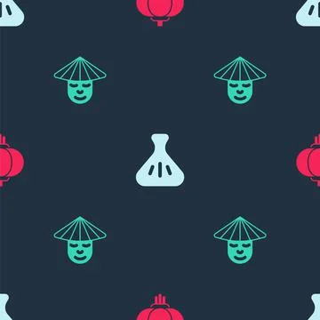 Set Chinese paper lantern, Dumpling and man on seamless pattern. Vector イラスト素材