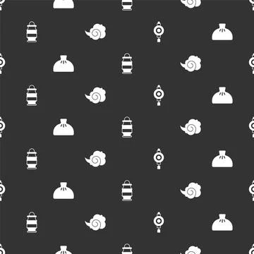 Set Chinese paper lantern, Dumpling, and Magic fog or smoke on seamless pattern Stockillustratie