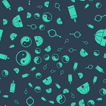Set Chinese paper lantern, Firework, Yin Yang and Chinese hat on seamless p.. Stock Illustration