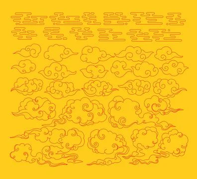 Set of Chinese Red clouds set collection. Set of hand drawn cloud with Japa.. Stock Illustration