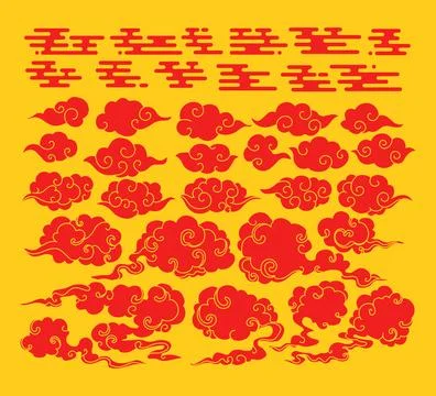 Set of Chinese Red clouds set collection. Set of hand drawn cloud with Japa.. Stock Illustration