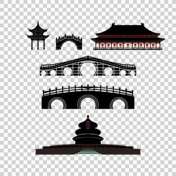 Set of Chinese temples, gates and traditional buildings, Pagoda icons set Ilustración de archivo