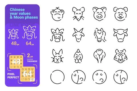 Set chinese year values simple lines icons. Illustrazione stock