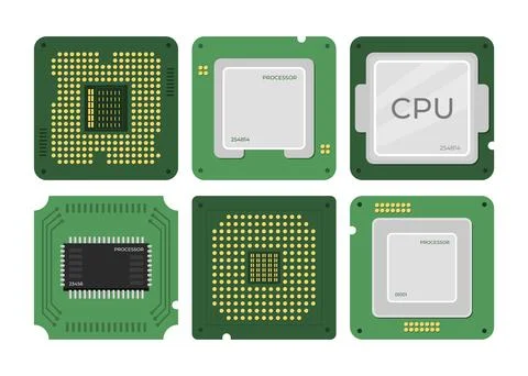 Set of chip Central Computer Processors CPU collection , Circuit board comp.. Stock Illustration