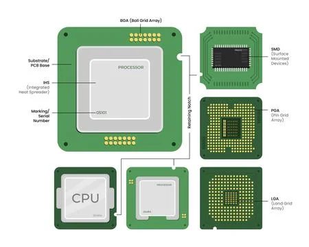 Set of chip Central Computer Processors CPU collection , Circuit board comp.. Stock Illustration