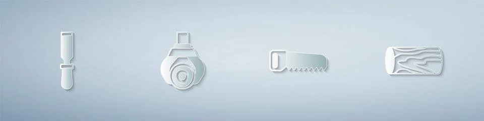 Set Chisel tool, Grapple crane grabbed a log, Hand saw and Wooden. Paper art Stock Illustration