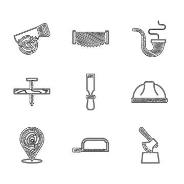 Set Chisel tool, Hacksaw, Wooden axe in stump, Worker safety helmet, logs Stock Illustration