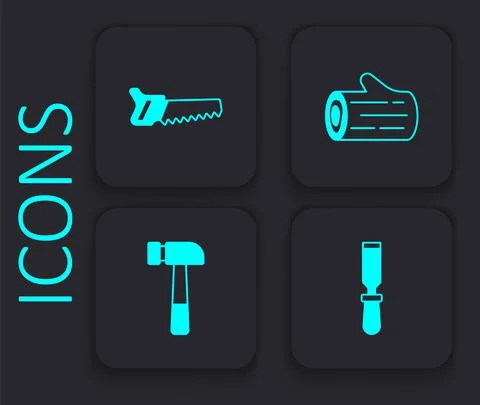 Set Chisel tool, Hand saw, Wooden log and Hammer icon. Black square button Stock Illustration