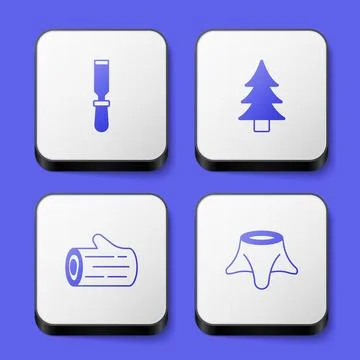 Set Chisel tool, Tree, Wooden log and stump icon. White square button. Vector Illustrazione stock
