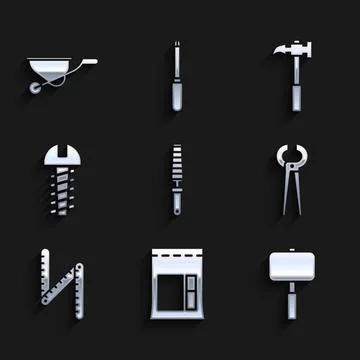 Set Chisel tool for wood, Cement bag, Sledgehammer, Pincers and pliers, Folding Stock Illustration