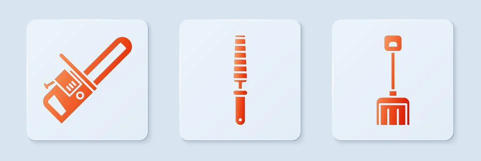 Set Chisel tool for wood, Chainsaw and Snow shovel. White square button. Vector Illustration