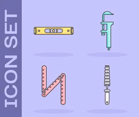 Set Chisel tool for wood, Construction bubble level, Folding ruler and Callip Stock Illustration