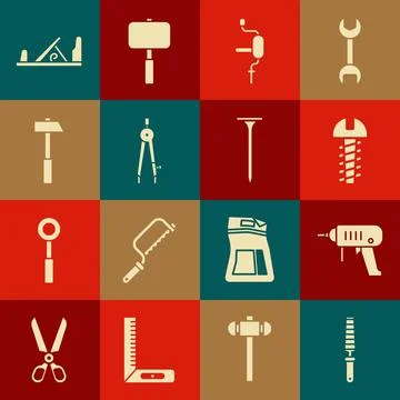 Set Chisel tool for wood, Electric drill machine, Metallic screw, Hand, Drawing Stock Illustration