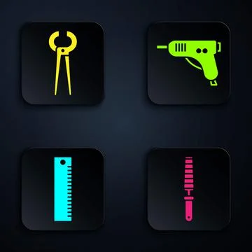 Set Chisel tool for wood, Pincers and pliers, Ruler and Electric hot glue gun Stock Illustration