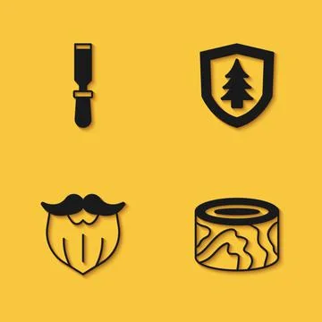 Set Chisel tool, Wooden logs, Mustache and beard and Shield with tree icon wi Stock Illustration