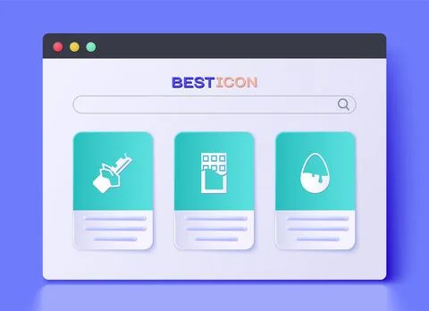 Set Chocolate bar, Bitten chocolate and egg icon. Vector Stock Illustration