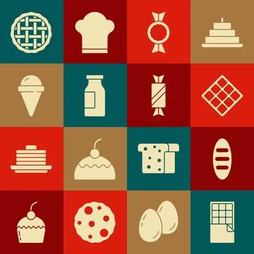 Set Chocolate bar, Bread loaf, Waffle, Candy, Bottle with milk, Ice cream i.. Illustrazione stock