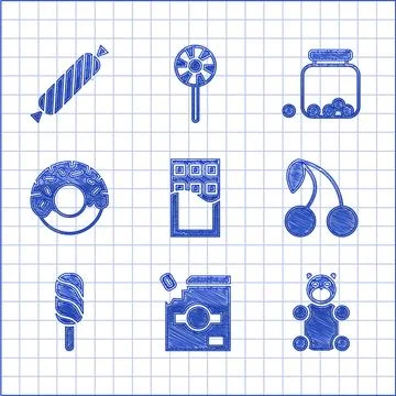 Set Chocolate bar, Candy packaging for sweets, Jelly bear candy, Cherry, Ic.. Stock Illustration