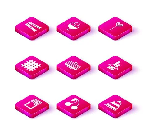 Set Chocolate bar, Cherry, Cracker biscuit, Stack of pancakes, Cake, Lollipop イラスト素材